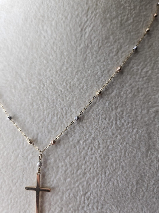 14k Gold Crucifix Necklace Cross Solid Tri Colors Beads Pendant Necklace, Minimalist Cross Jewelry, Religious Necklace, Gift for her