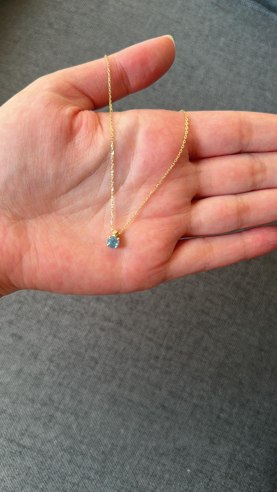 Blue stone Gold Necklace Aquamarine 18k Real Solid Gold , March Birthstone, Aquamarine Round Stone, Gold Chain Necklace, Gift for her