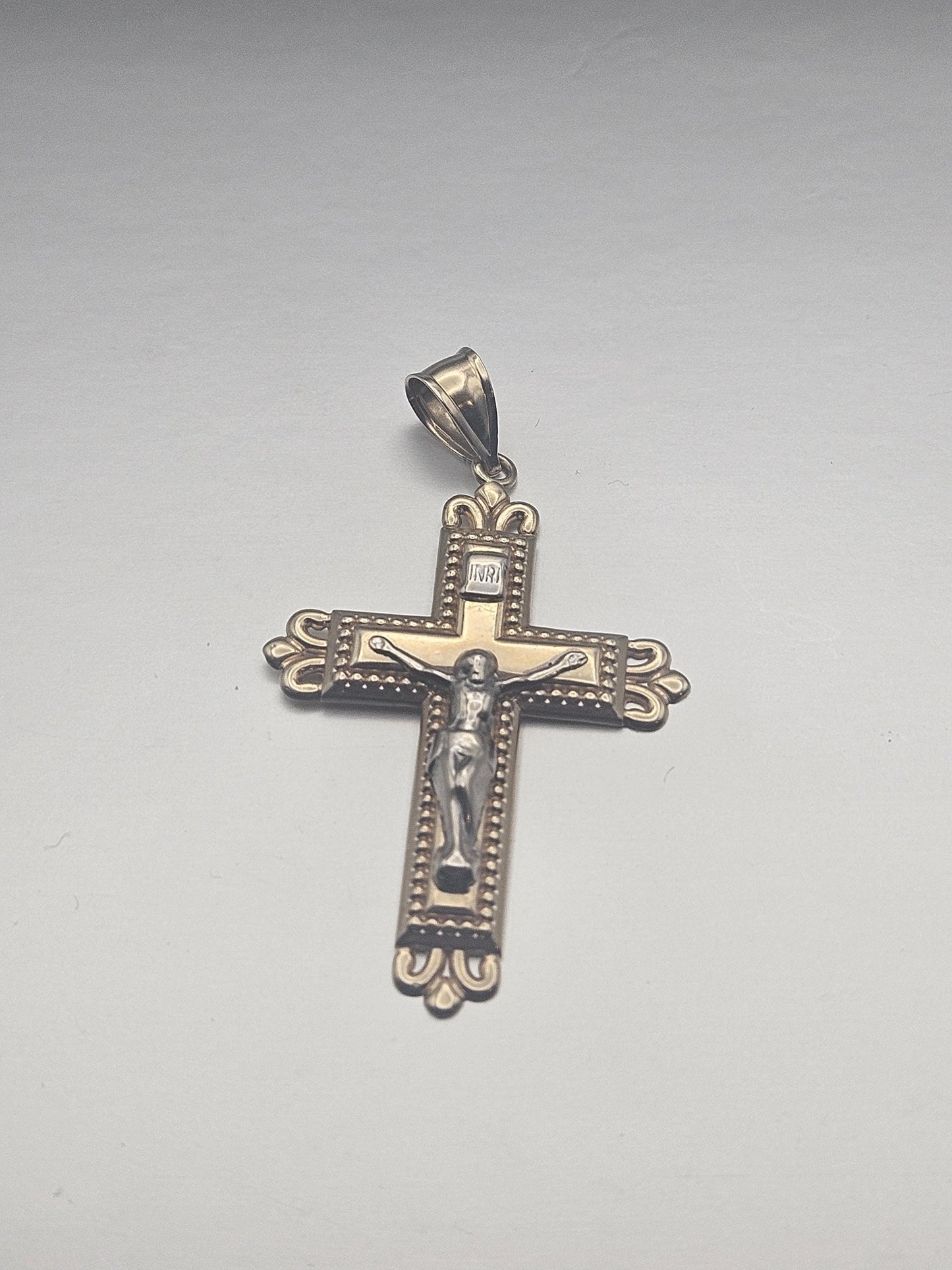 14K Cross Gold Pendant Yellow and White Solid Gold- Jesus Cross Necklace - Christian Crucifix Religious Jewelry - Handmade Gold Cross Charm