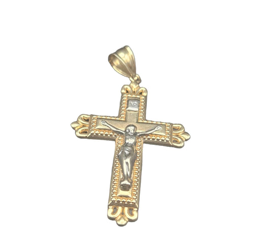 14K Cross Gold Pendant Yellow and White Solid Gold- Jesus Cross Necklace - Christian Crucifix Religious Jewelry - Handmade Gold Cross Charm