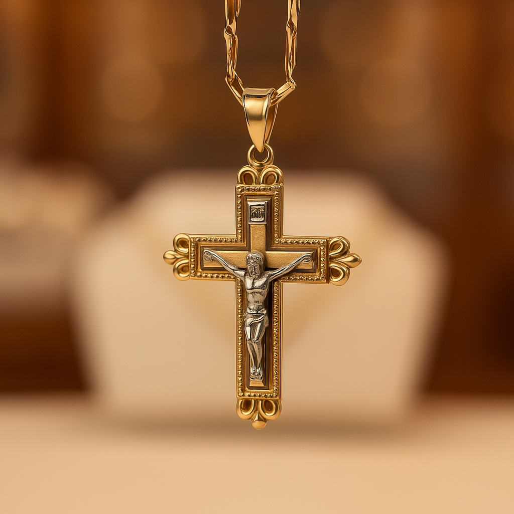 14K Cross Gold Pendant Yellow and White Solid Gold- Jesus Cross Necklace - Christian Crucifix Religious Jewelry - Handmade Gold Cross Charm