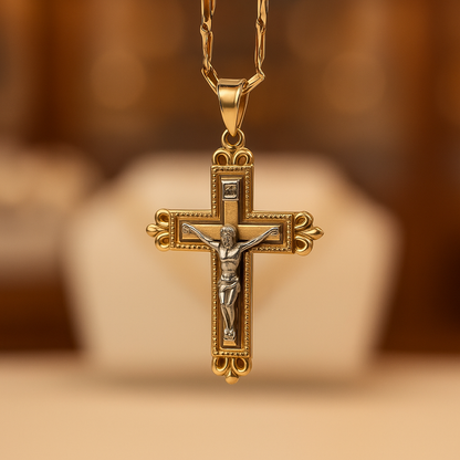 14K Cross Gold Pendant Yellow and White Solid Gold- Jesus Cross Necklace - Christian Crucifix Religious Jewelry - Handmade Gold Cross Charm