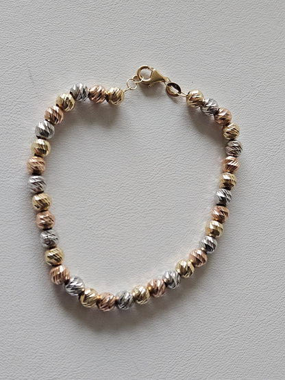 18K real tricolor, rose yellow white gold, gold bracelet, beads chain bracelet, charm minimal simple style, chic gift BD
