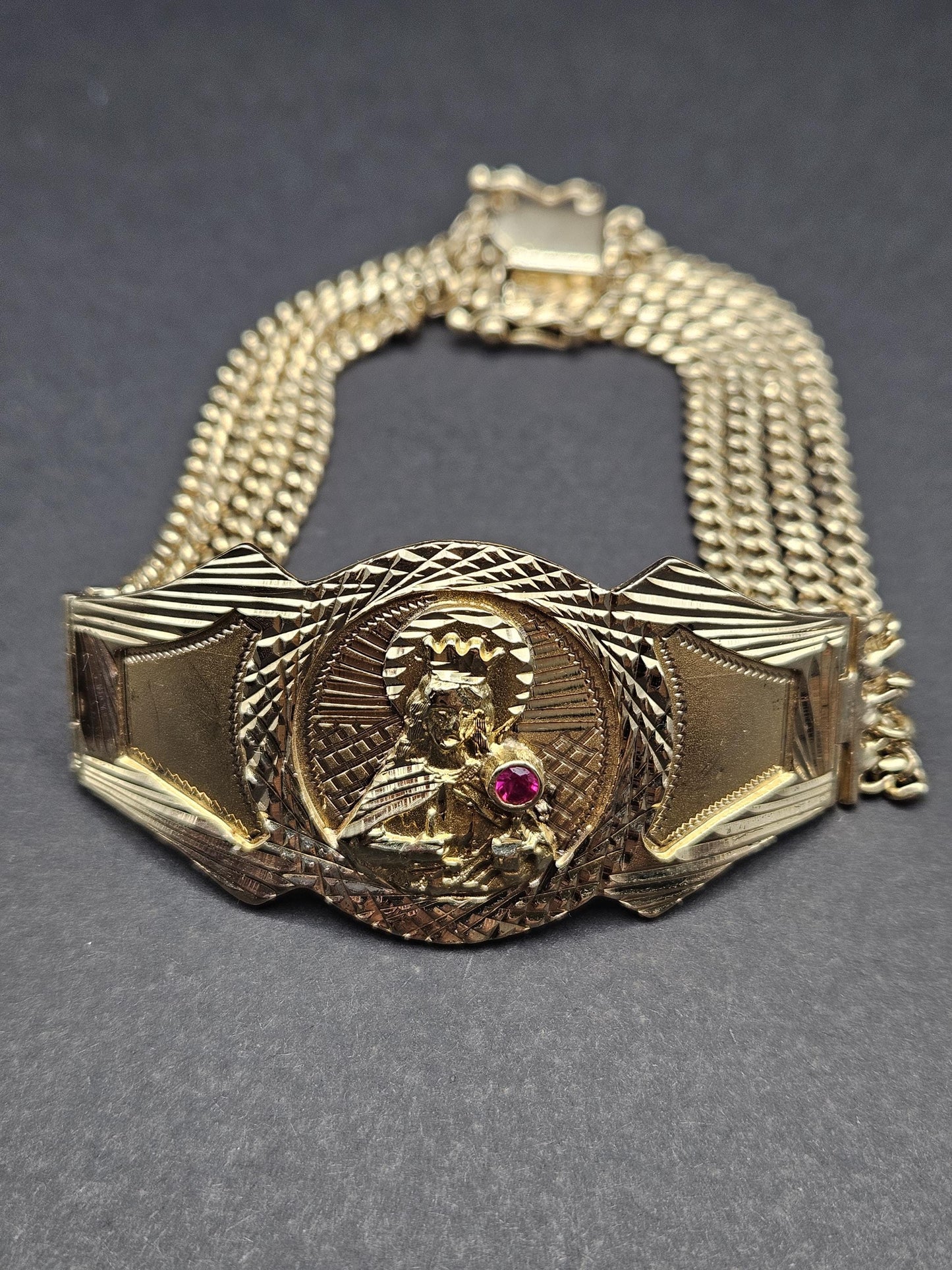 Real 14k Gold Bracelet Solid San barbara 8.75 inches Cuban Link BOX Lock, Pura Oro, 14k Rear Vintage Beautiful Bracelet Natural Ruby stone