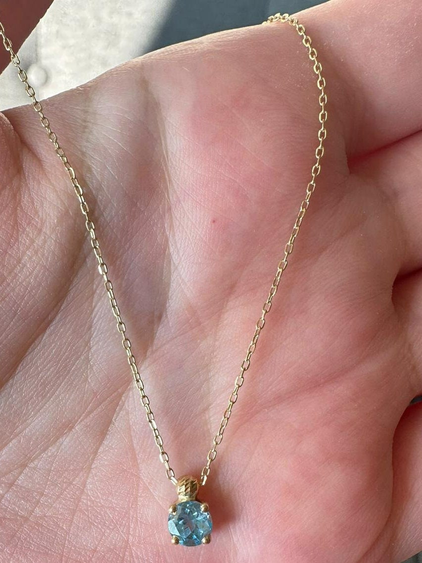 Blue stone Gold Necklace Aquamarine 18k Real Solid Gold , March Birthstone, Aquamarine Round Stone, Gold Chain Necklace, Gift for her