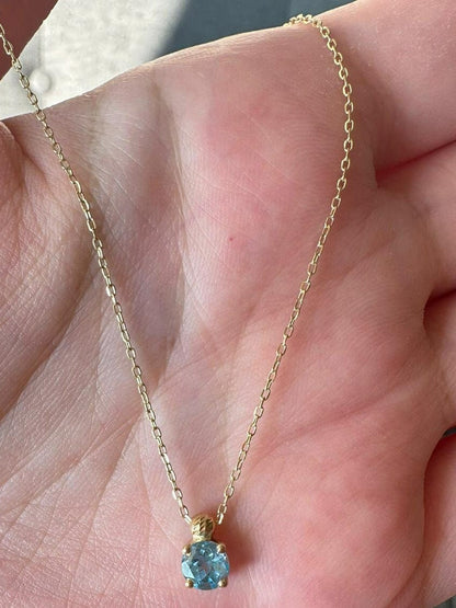 Blue stone Gold Necklace Aquamarine 18k Real Solid Gold , March Birthstone, Aquamarine Round Stone, Gold Chain Necklace, Gift for her