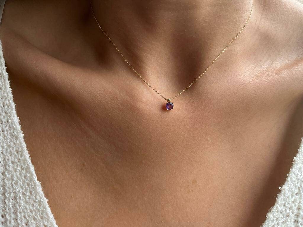 18k Gold Amethyst Necklace Genuine Natural Gemstone Pendant • February Birthstone Jewelry • Dainty Healing Crystal Necklace • Elegant Gift