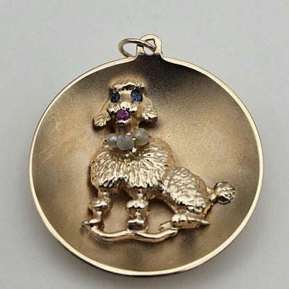 Vintage 14k Gold Poodle Charm Pendant: Ruby, Sapphire, Pearl Necklace