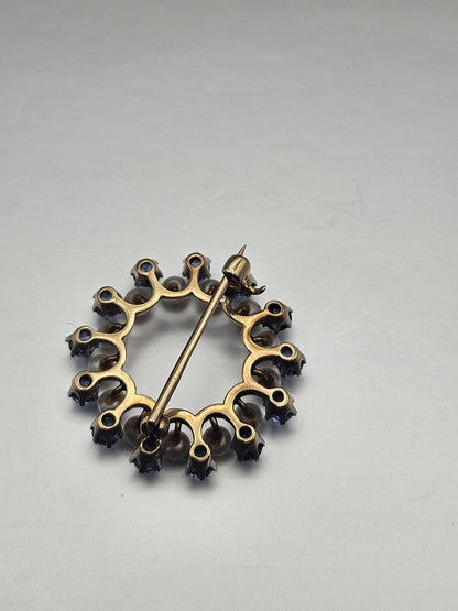 14k Gold Pin Brooch Vintage Sapphire Pearl Round Pin, Yellow Gold and White Platinum Brooch, Charm Brooch Vtg, Gift for her