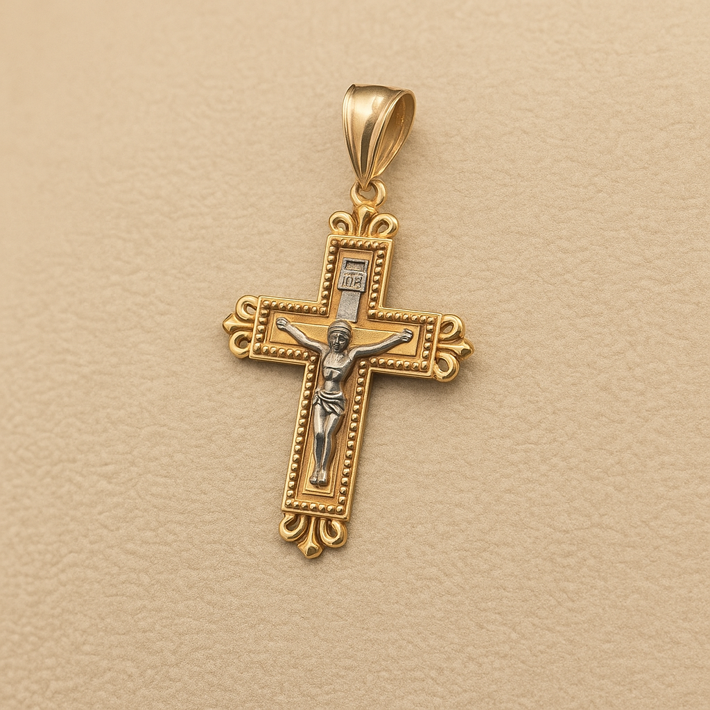 14K Cross Gold Pendant Yellow and White Solid Gold- Jesus Cross Necklace - Christian Crucifix Religious Jewelry - Handmade Gold Cross Charm