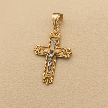 14K Cross Gold Pendant Yellow and White Solid Gold- Jesus Cross Necklace - Christian Crucifix Religious Jewelry - Handmade Gold Cross Charm