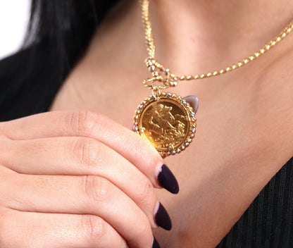 18k Gold Necklace, Gold Coin Pendant, Gold Coin Necklace Charms, 21k Gold Medallion Necklace, Vintage Necklace, Cuban Necklace, Jewelry Gift