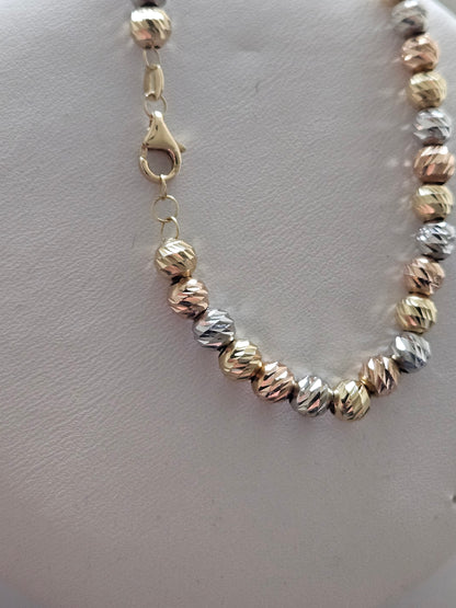 18K real tricolor, rose yellow white gold, gold bracelet, beads chain bracelet, charm minimal simple style, chic gift BD