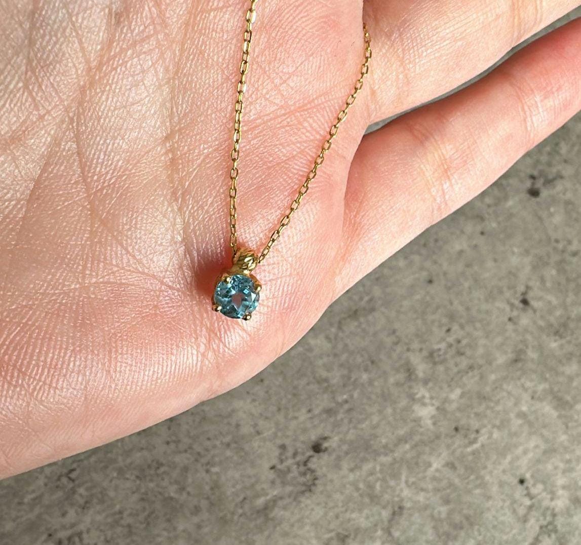 Blue stone Gold Necklace Aquamarine 18k Real Solid Gold , March Birthstone, Aquamarine Round Stone, Gold Chain Necklace, Gift for her