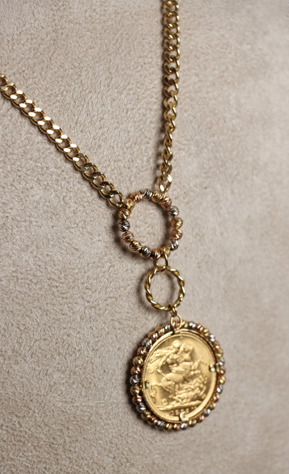 18k Gold Necklace, Gold Coin Pendant, Gold Coin Necklace Charms, 21k Gold Medallion Necklace, Vintage Necklace, Cuban Necklace, Jewelry Gift