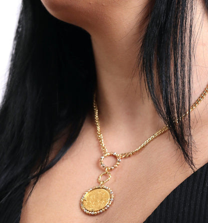 18k Gold Necklace, Gold Coin Pendant, Gold Coin Necklace Charms, 21k Gold Medallion Necklace, Vintage Necklace, Cuban Necklace, Jewelry Gift
