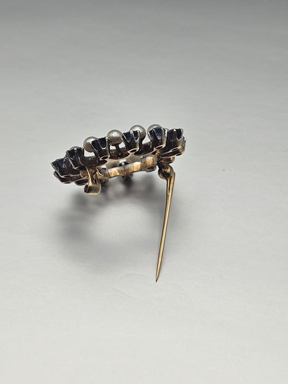 14k Gold Pin Brooch Vintage Sapphire Pearl Round Pin, Yellow Gold and White Platinum Brooch, Charm Brooch Vtg, Gift for her
