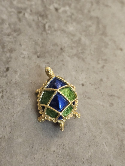 Vintage 18k Gold Turtle Brooch: Blue & Green Enamel Shell