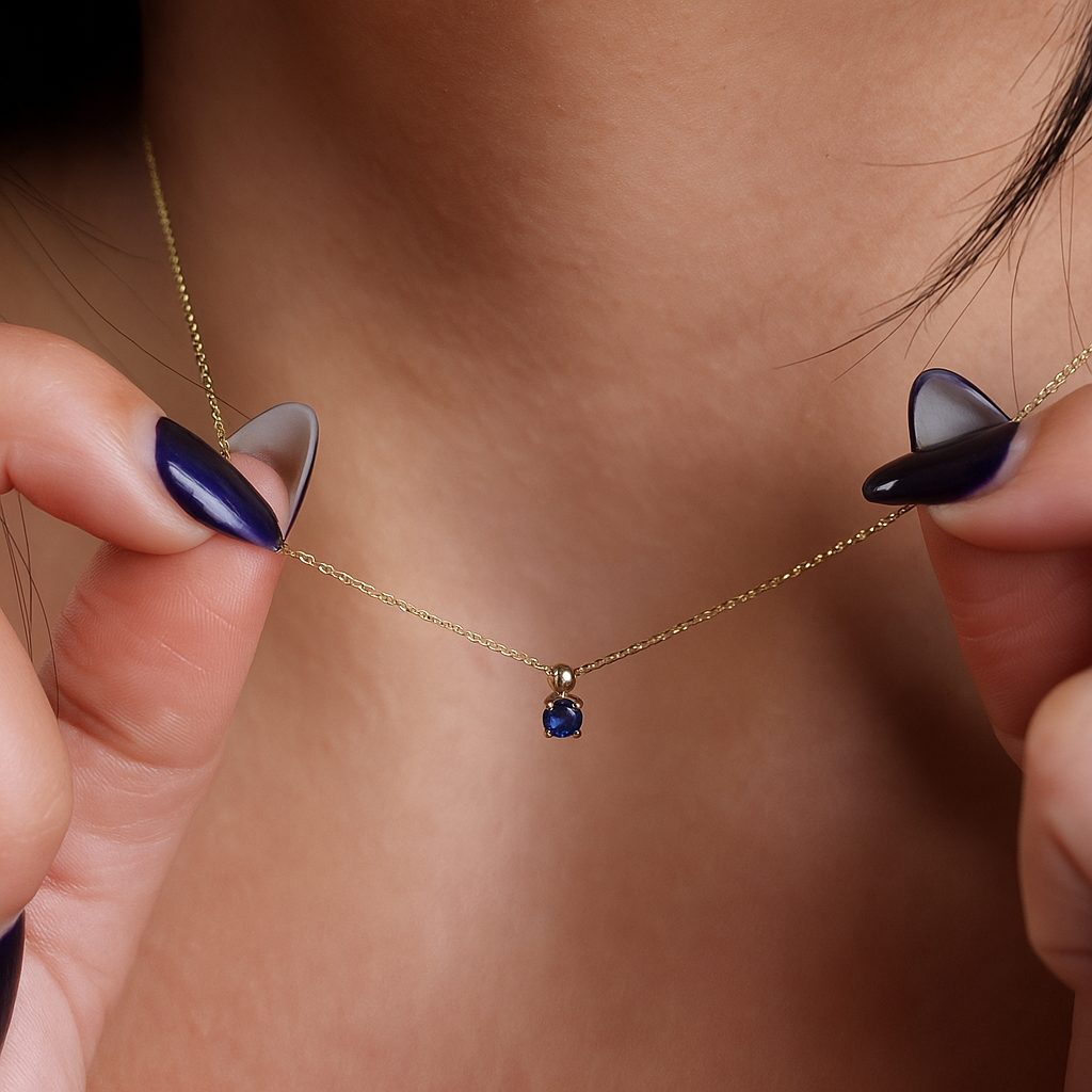 Gold Necklace Sapphire Pendant, 18k Sapphire , 18k Minimalist Round Real Sapphire Birthstone Pendant, Gift for Mother's Day, Gift for her