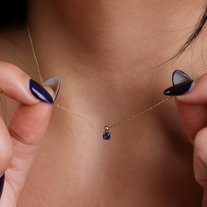 Gold Necklace Sapphire Pendant, 18k Sapphire , 18k Minimalist Round Real Sapphire Birthstone Pendant, Gift for Mother's Day, Gift for her