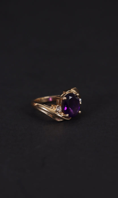 Vintage 14k Gold Ring Purple Amythest Birthstone, Natural diamond, Real Solid Yellow Gold, Perfect Gift for Mother's Day, Gift for her