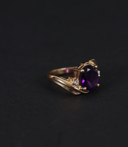 Vintage 14k Gold Ring Purple Amythest Birthstone, Natural diamond, Real Solid Yellow Gold, Perfect Gift for Mother's Day, Gift for her