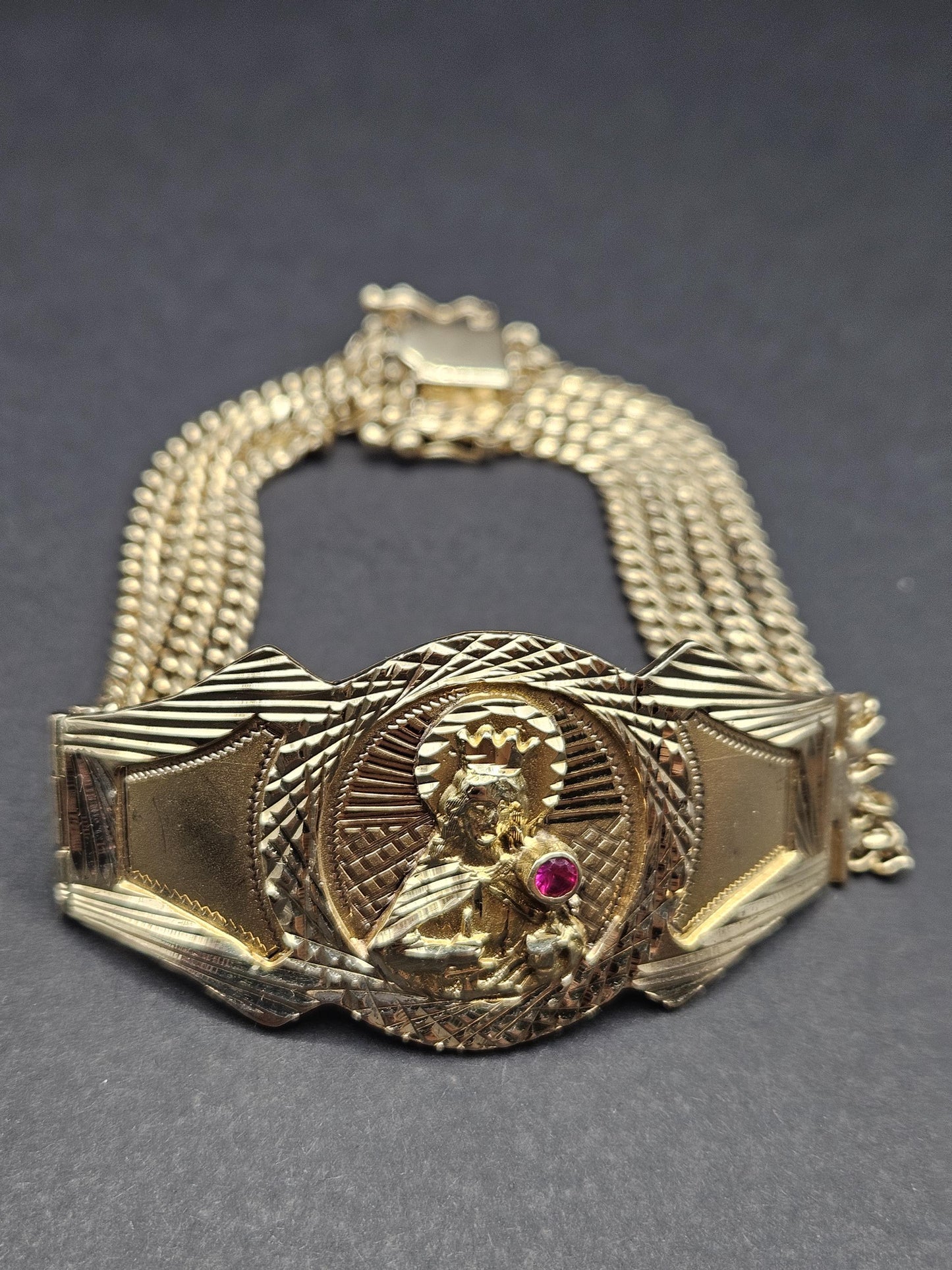 Real 14k Gold Bracelet Solid San barbara 8.75 inches Cuban Link BOX Lock, Pura Oro, 14k Rear Vintage Beautiful Bracelet Natural Ruby stone