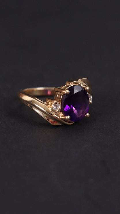 Vintage 14k Gold Ring Purple Amythest Birthstone, Natural diamond, Real Solid Yellow Gold, Perfect Gift for Mother's Day, Gift for her