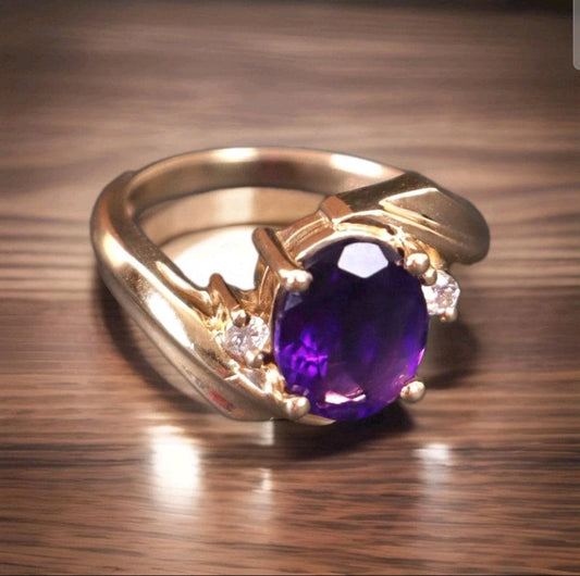 14K Vintage Amethyst Gold Ring with Deep purple Center & Clear Accents, Size 4.5 Vintage Style Cocktail Ring, Jewelry Gift for Her