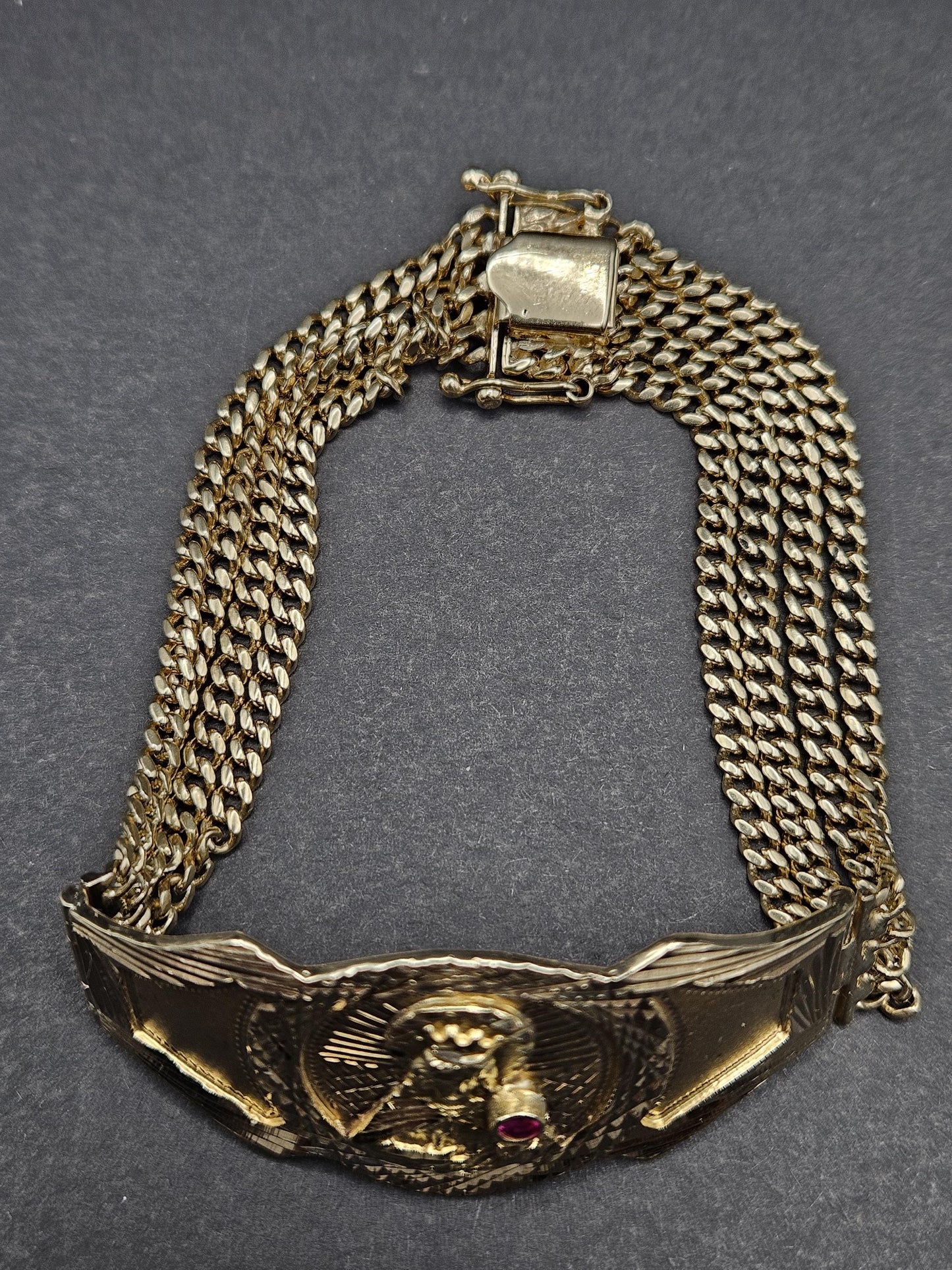 Real 14k Gold Bracelet Solid San barbara 8.75 inches Cuban Link BOX Lock, Pura Oro, 14k Rear Vintage Beautiful Bracelet Natural Ruby stone