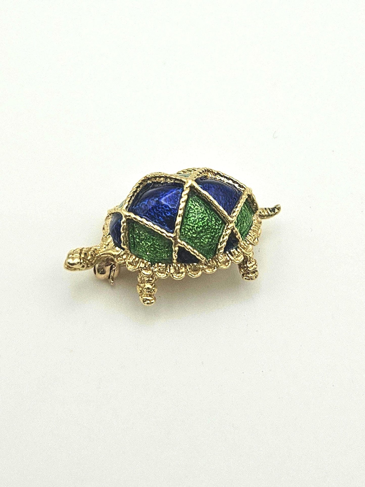 Vintage 18k Gold Turtle Brooch: Blue & Green Enamel Shell