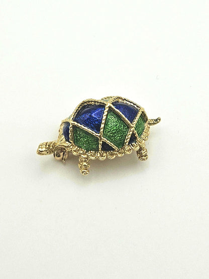 Vintage 18k Gold Turtle Brooch: Blue & Green Enamel Shell