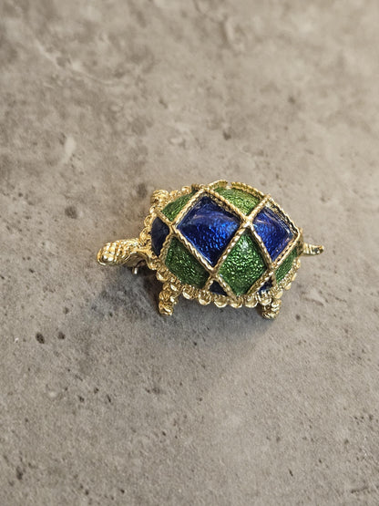 Vintage 18k Gold Turtle Brooch: Blue & Green Enamel Shell