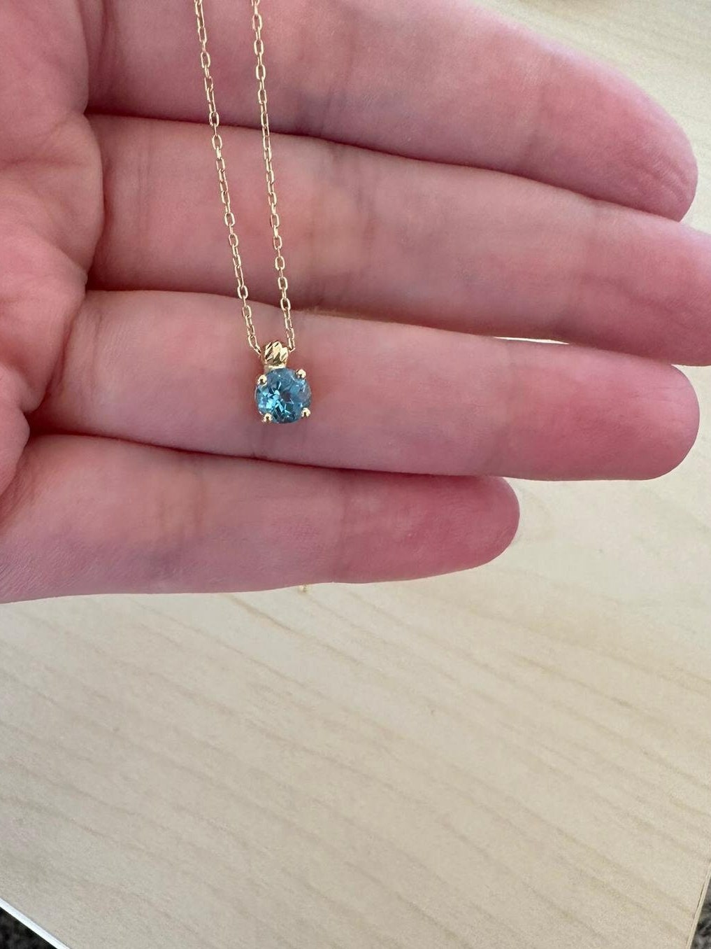 Blue stone Gold Necklace Aquamarine 18k Real Solid Gold , March Birthstone, Aquamarine Round Stone, Gold Chain Necklace, Gift for her