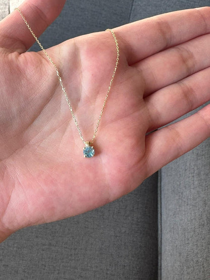 Blue stone Gold Necklace Aquamarine 18k Real Solid Gold , March Birthstone, Aquamarine Round Stone, Gold Chain Necklace, Gift for her