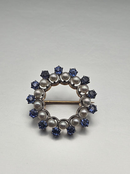 14k Gold Pin Brooch Vintage Sapphire Pearl Round Pin, Yellow Gold and White Platinum Brooch, Charm Brooch Vtg, Gift for her