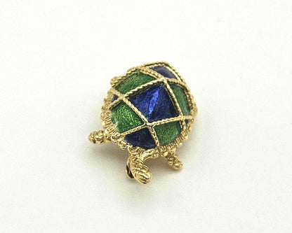 Vintage 18k Gold Turtle Brooch: Blue & Green Enamel Shell