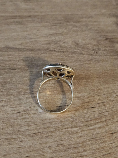 Vintage 14K Gold Ring with Deep Red Center and Clear Accents, Unique Statement Jewelry, Antique Style Cocktail or Engagement Ring, Gift her