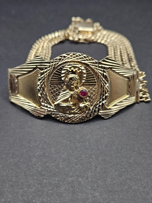 Real 14k Gold Bracelet Solid San barbara 8.75 inches Cuban Link BOX Lock, Pura Oro, 14k Rear Vintage Beautiful Bracelet Natural Ruby stone