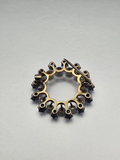 14k Gold Pin Brooch Vintage Sapphire Pearl Round Pin, Yellow Gold and White Platinum Brooch, Charm Brooch Vtg, Gift for her