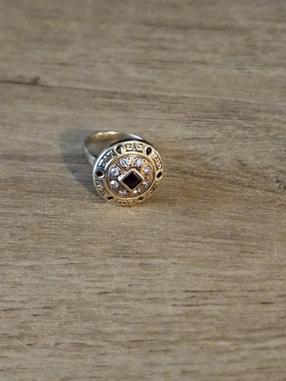 Vintage 14K Gold Ring with Deep Red Center and Clear Accents, Unique Statement Jewelry, Antique Style Cocktail or Engagement Ring, Gift her