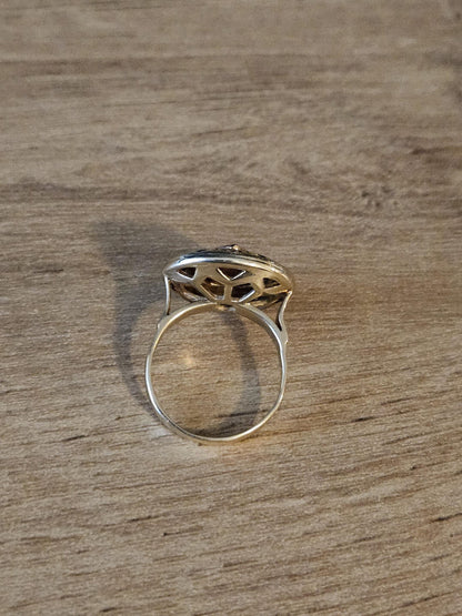 Vintage 14K Gold Ring with Deep Red Center and Clear Accents, Unique Statement Jewelry, Antique Style Cocktail or Engagement Ring, Gift her