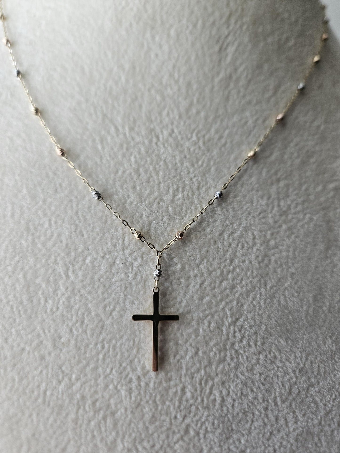14k Gold Crucifix Necklace Cross Solid Tri Colors Beads Pendant Necklace, Minimalist Cross Jewelry, Religious Necklace, Gift for her