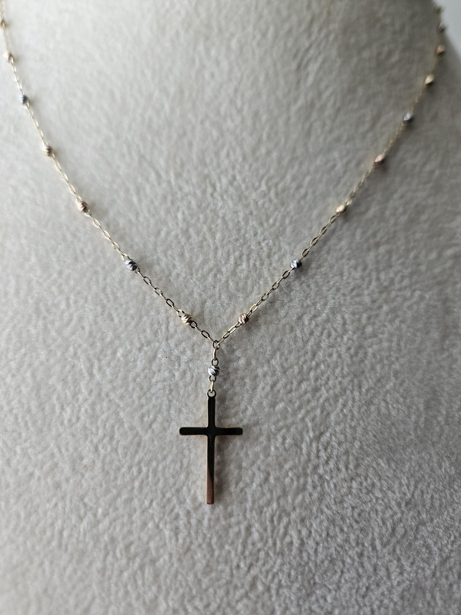 14k Gold Crucifix Necklace Cross Solid Tri Colors Beads Pendant Necklace, Minimalist Cross Jewelry, Religious Necklace, Gift for her