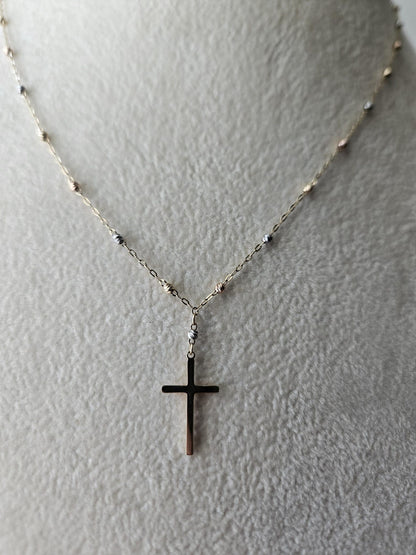 14k Gold Crucifix Necklace Cross Solid Tri Colors Beads Pendant Necklace, Minimalist Cross Jewelry, Religious Necklace, Gift for her