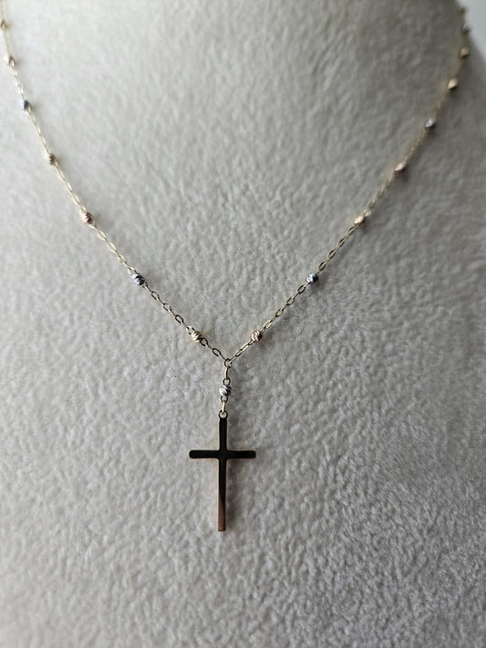 14k Gold Crucifix Necklace Cross Solid Tri Colors Beads Pendant Necklace, Minimalist Cross Jewelry, Religious Necklace, Gift for her