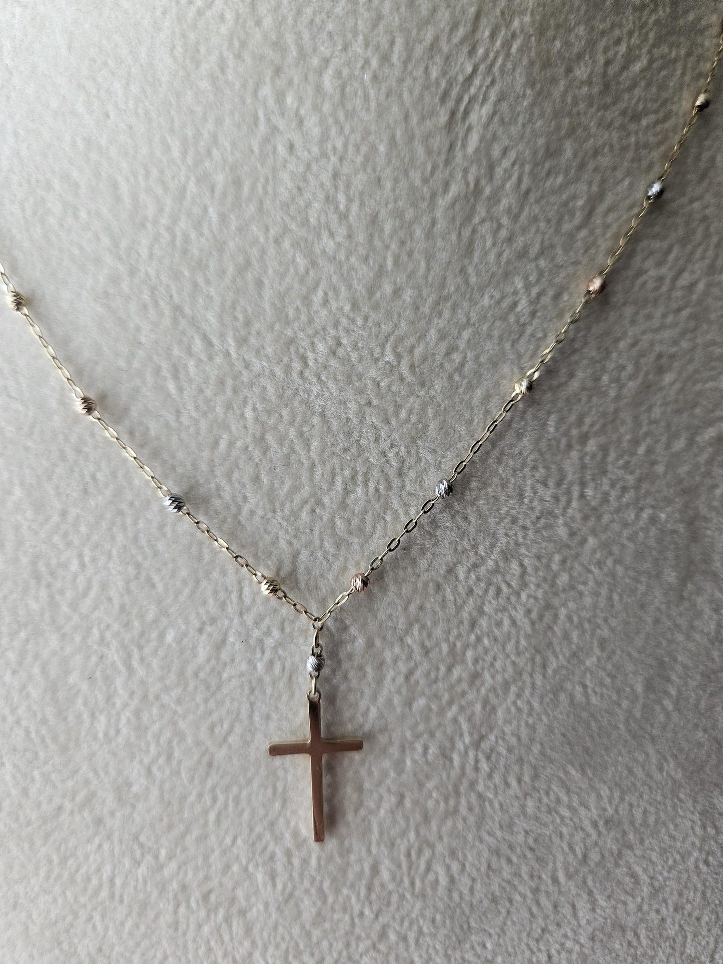 14k Gold Crucifix Necklace Cross Solid Tri Colors Beads Pendant Necklace, Minimalist Cross Jewelry, Religious Necklace, Gift for her