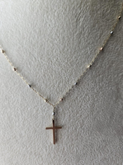 14k Gold Crucifix Necklace Cross Solid Tri Colors Beads Pendant Necklace, Minimalist Cross Jewelry, Religious Necklace, Gift for her