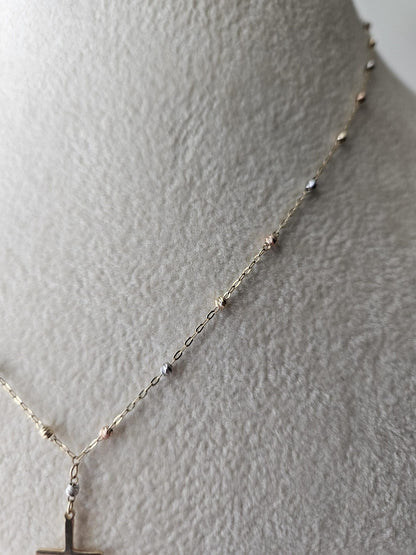 14k Gold Crucifix Necklace Cross Solid Tri Colors Beads Pendant Necklace, Minimalist Cross Jewelry, Religious Necklace, Gift for her
