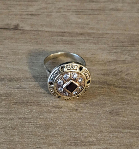 Vintage 14K Gold Ring with Deep Red Center and Clear Accents, Unique Statement Jewelry, Antique Style Cocktail or Engagement Ring, Gift her